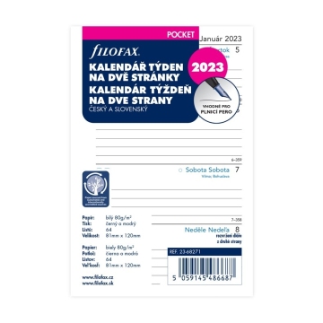 Filofax kalendář kapesní 2023 ČJ+SJ týden/2 stránky