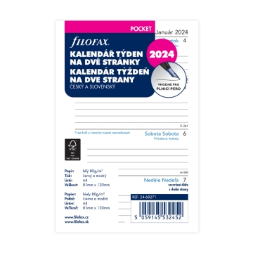 Filofax kalendář kapesní 2024 ČJ+SJ týden/2 stránky